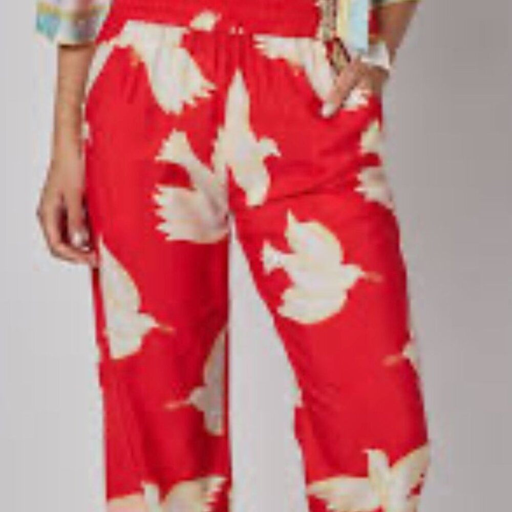 Modaposa Natasha Pants W/ White Bird Print‎ Elastic Waist Pockets Women wide leg